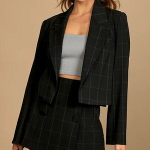 Lulus Classic Sophistication Black Plaid Cropped Blazer Size Medium